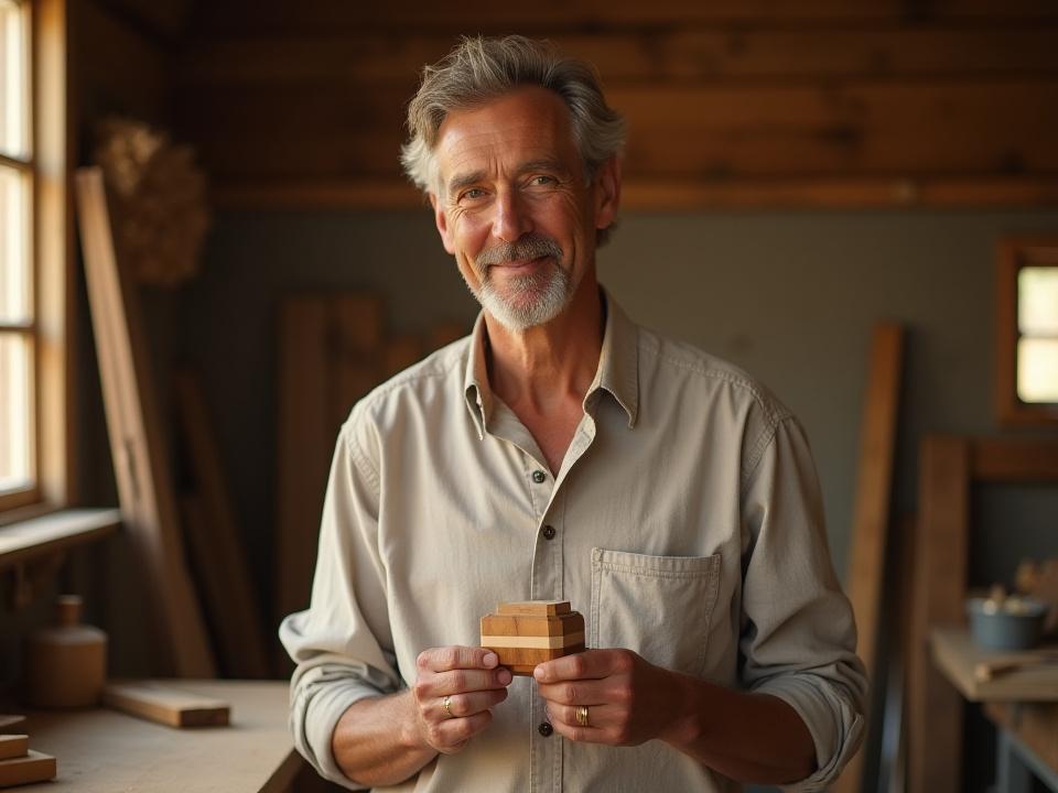 Germaine J Thomas, founder of the wooden watch company, standing in a workshop surrounded by natural wood and tools. He wears a meticulously crafted wooden watch.
