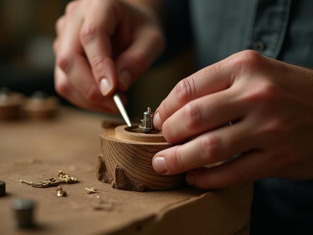 Artisan's hands meticulously working on a wooden watch component in a well-lit workshop, surrounded by fine tools.
