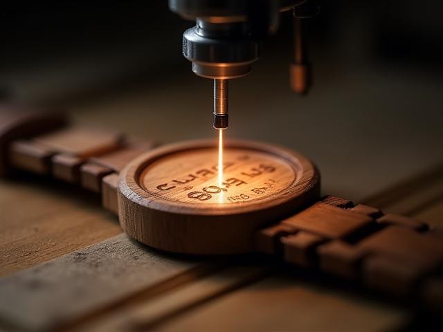 A close-up of a wooden watch being laser-engraved with a personalized message or design, showing intricate detail.