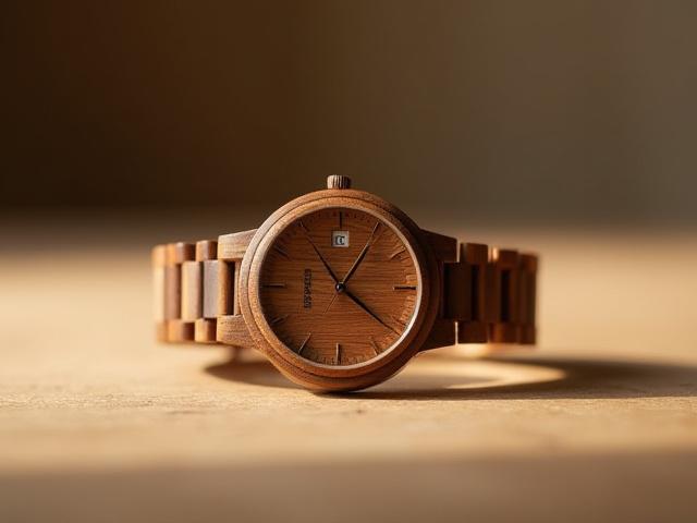 A beautifully finished wooden watch resting on a workbench, with soft natural light highlighting its details, ready for inspection.