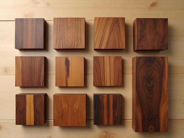 Close-up of various exotic wood blocks and planks, showcasing rich textures and natural grains, ready for craftsmanship.
