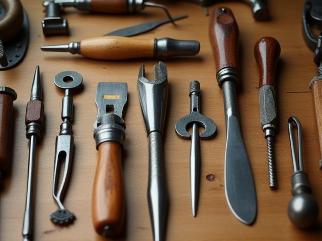 A neat arrangement of traditional woodworking tools and watchmaking instruments on a seasoned wooden workbench.