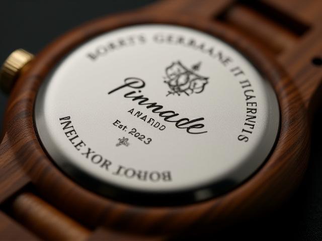 Rear view of a wooden watch showing the metal case back with a finely engraved corporate logo and subtle message.
