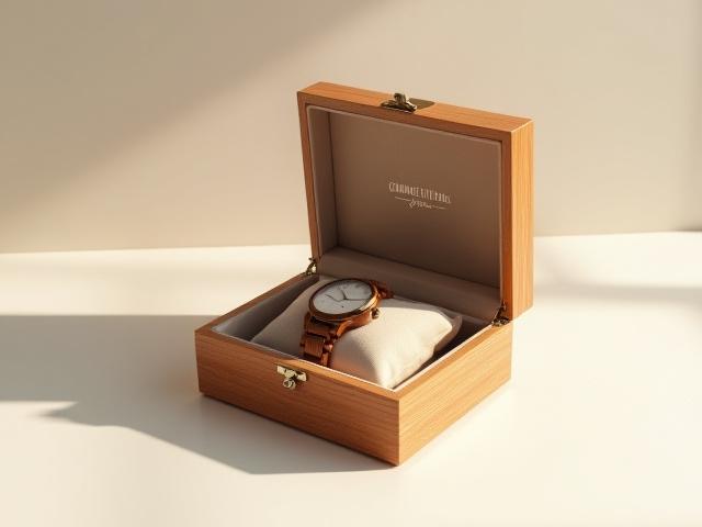 Elegant wooden watch box with a custom corporate logo printed on the lid, ready for presentation.