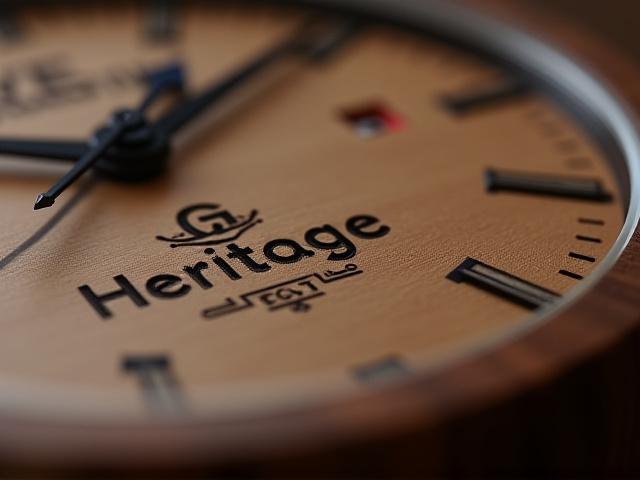 Close-up of a wooden watch dial with a corporate logo prominently placed within the watch face.