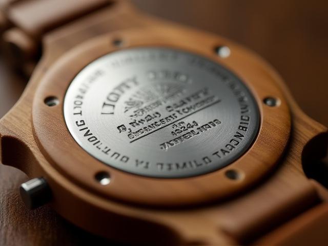 Close-up of a watch case back with an engraved personalized message or award title, for individual recognition.