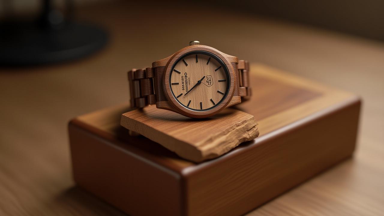 Close-up view of a Germaine J Thomas wooden watch with a subtly engraved corporate logo on the dial, presented on a natural wood block with soft, professional studio lighting.