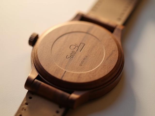 Close-up of a wooden watch back with a blank space ready for custom engraving