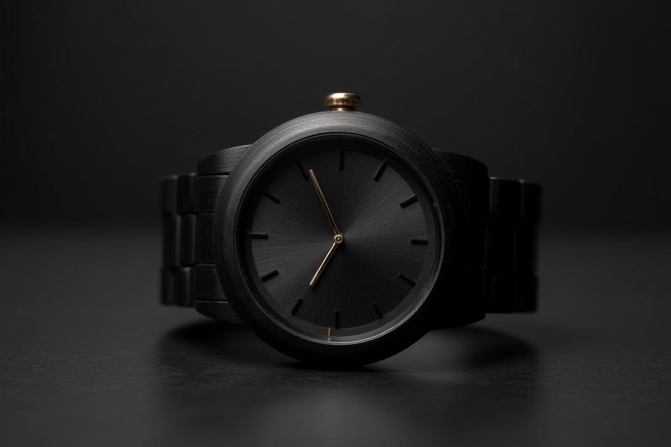 Macro shot of a polished ebony watch, showcasing its deep black grain and luxurious finish.