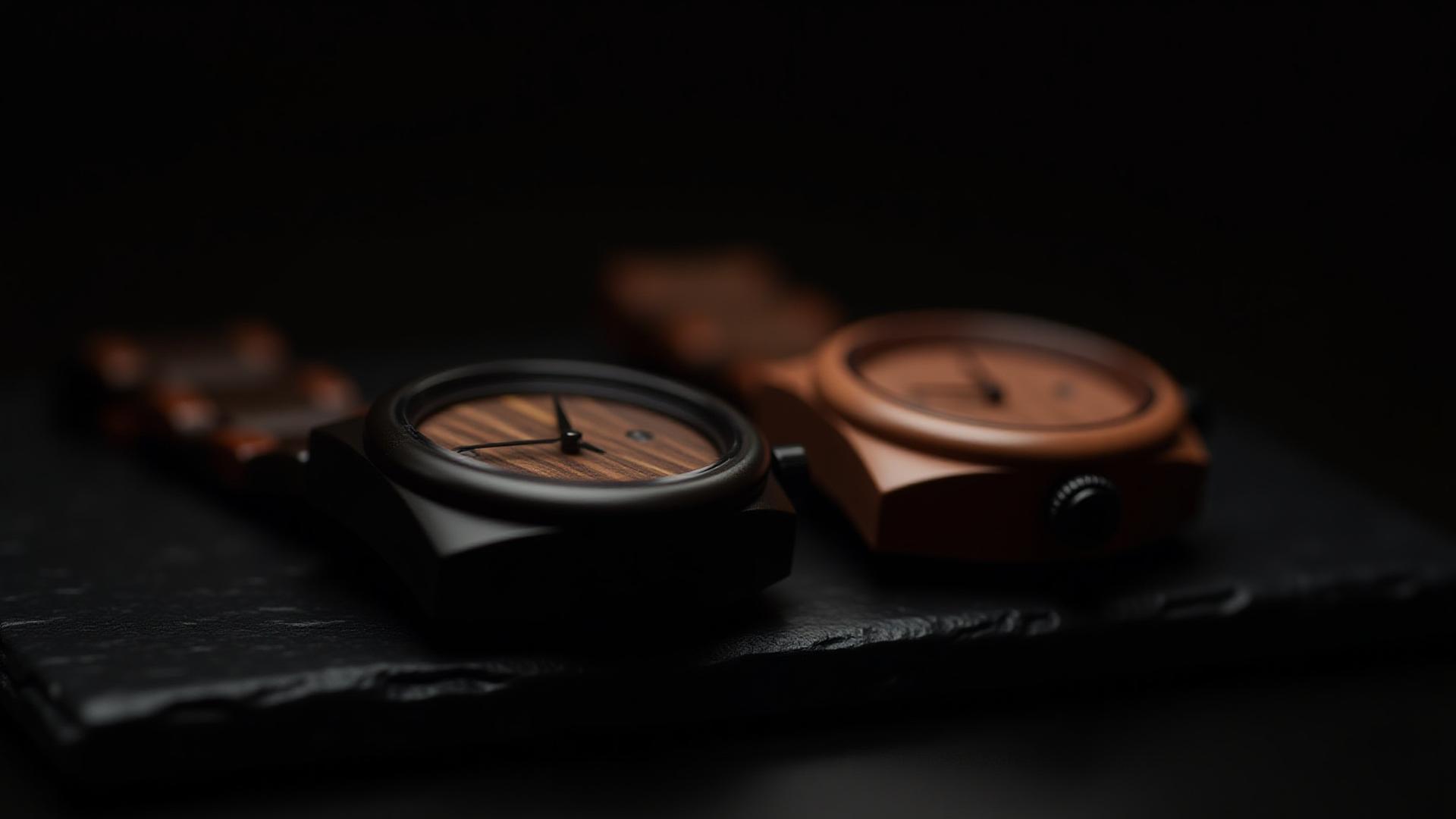 Close-up of an ebony watch and a sandalwood watch, side-by-side, on a dark, luxurious surface with dramatic lighting