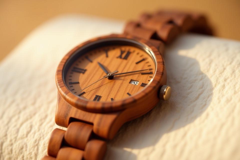 Sandalwood watch in warm, natural light, highlighting its rich tones and intricate details.
