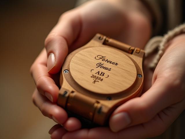 A close-up of a personalized wooden watch with a custom engraving on its back, capturing a meaningful message.