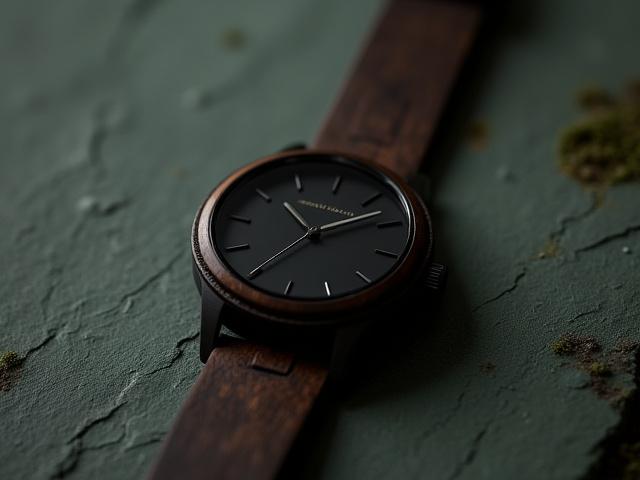 Close-up of a sleek ebony wood watch with a minimalist design, set against a backdrop of organic textures.