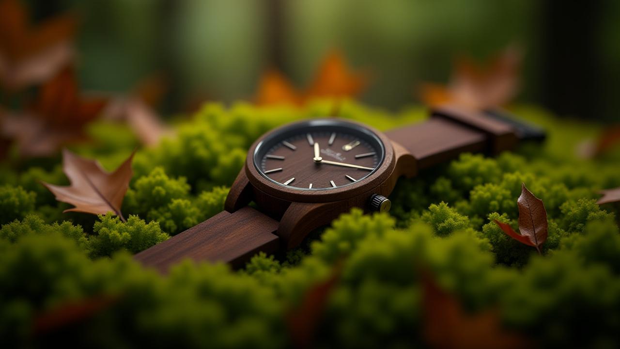 A Germaine J Thomas wooden watch resting gently on a bed of vibrant green moss and fallen autumn leaves, evoking nature and sustainability.