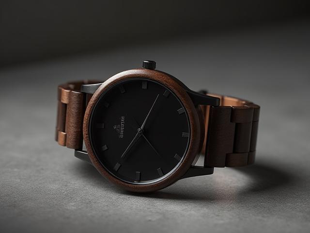 A modern hybrid watch combining dark wood and brushed metal elements, sleek and refined.
