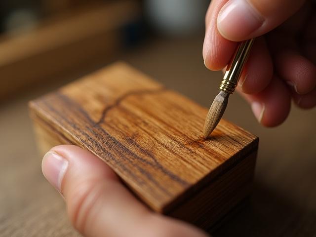 A handcrafted wooden watch being carefully treated with a natural, non-toxic oil finish, highlighting the wood's luster.