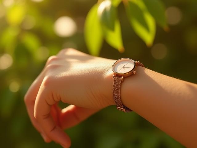 A slender women's sandalwood watch with a delicate rose gold accent, worn by a model in a natural setting.