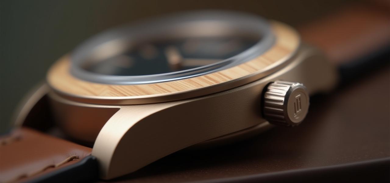 Detail shot of a watch bezel made of polished metal, accented by a thin, perfectly fitted ring of light-colored wood