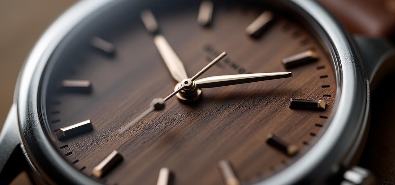 Close up of a watch face with a full, richly textured wooden dial, set beautifully within a gleaming stainless steel case