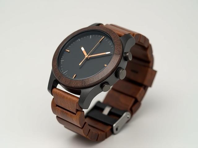 Hybrid watch with gunmetal grey metal case and dark walnut wood strap