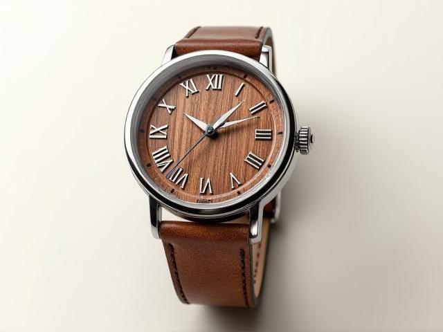 Hybrid watch with polished silver steel bezel and dark wood Roman numeral dial
