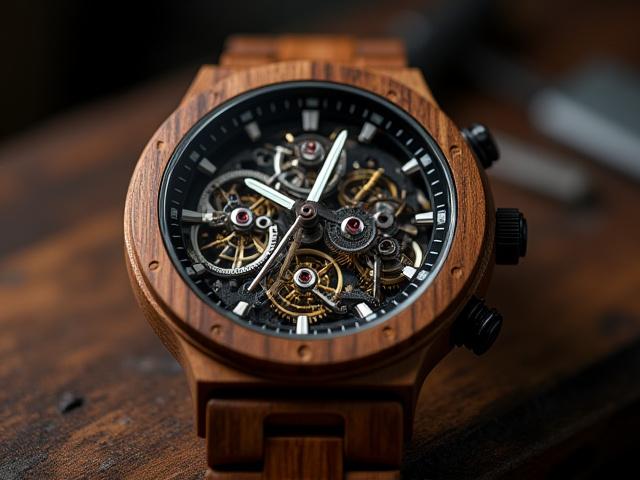 A mechanical wooden watch with an exposed gear window showing intricate inner workings.