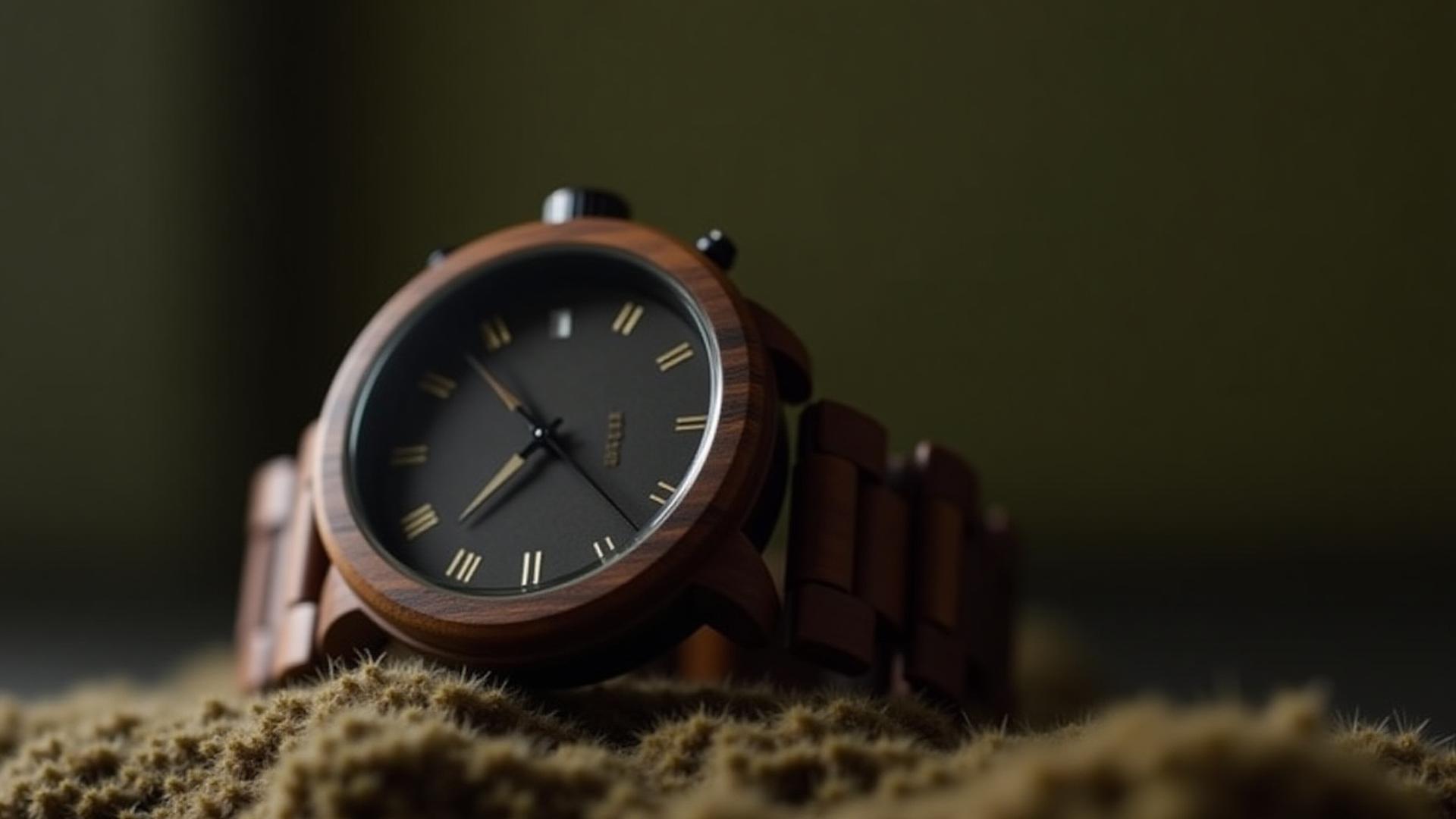 Close-up of a meticulously crafted wooden watch with visible grain on a natural background.