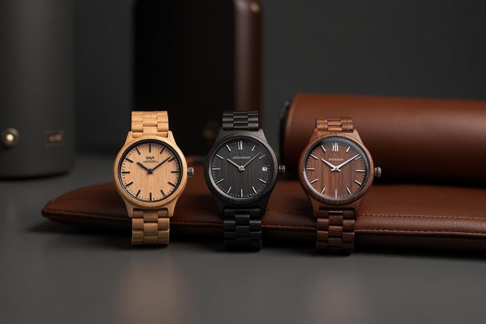 Three distinct wooden watches elegantly displayed on a desk with a subtle company logo, representing corporate recognition gifts.