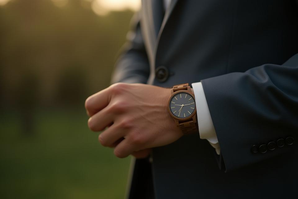 A groom's wrist adorned with a sophisticated wooden watch, visible amidst wedding attire and a soft natural backdrop.