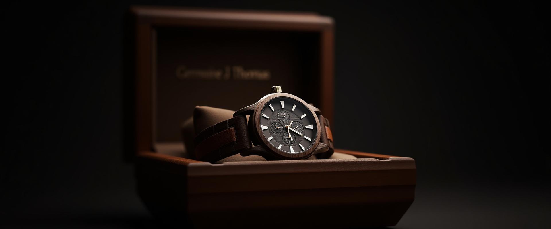 A meticulously crafted Germaine J Thomas limited edition watch nestled in a premium, opened wooden presentation box.