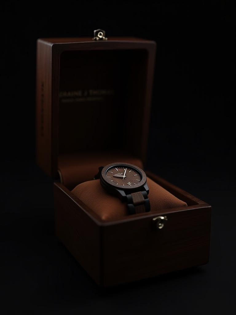 A meticulously crafted Germaine J Thomas limited edition watch nestled in a premium, opened wooden presentation box.