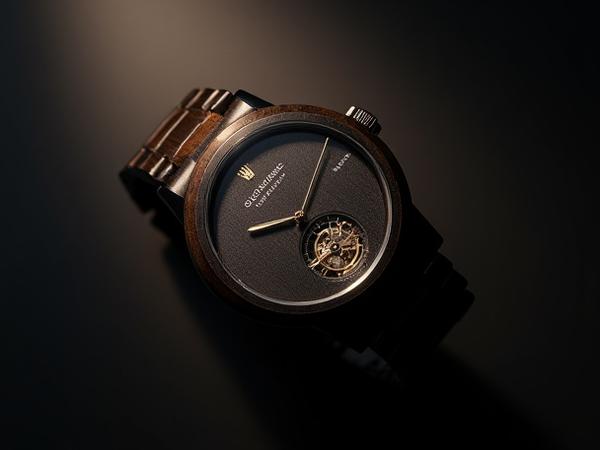 The Bogwood Automatic watch, featuring dark, ancient wood and a complex automatic movement display.