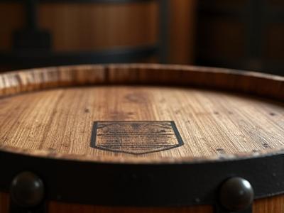 Close-up of an aged whiskey barrel with rich oak textures, highlighting the source material for the watch.