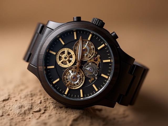 Ebony Wood Mechanical Watch with Skeleton Dial