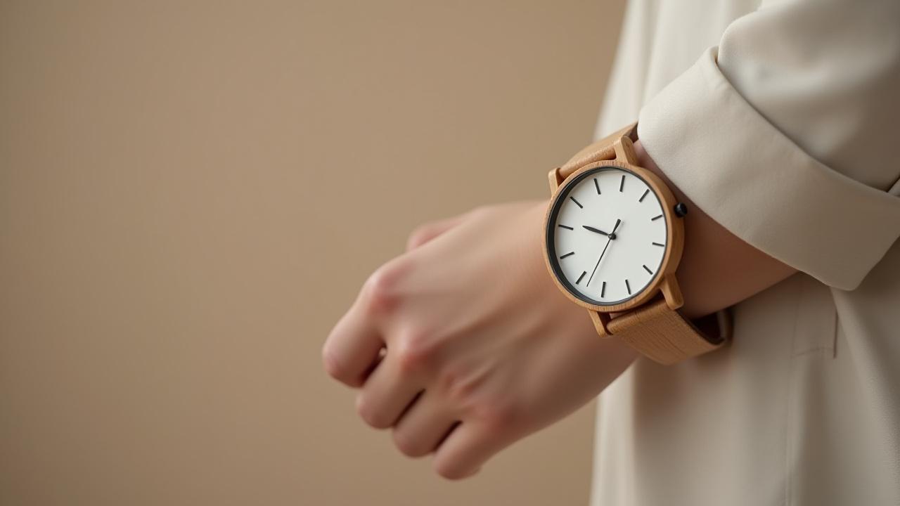 Close-up of a minimalist wooden watch on a wrist against a clean, neutral background, showcasing its simple elegance.