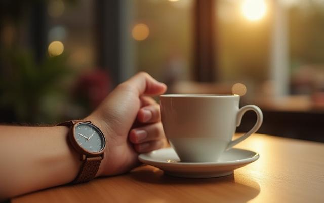 Person holding a coffee cup, with a Germaine J Thomas minimalist wood watch on their wrist, at a sunlit cafe table.