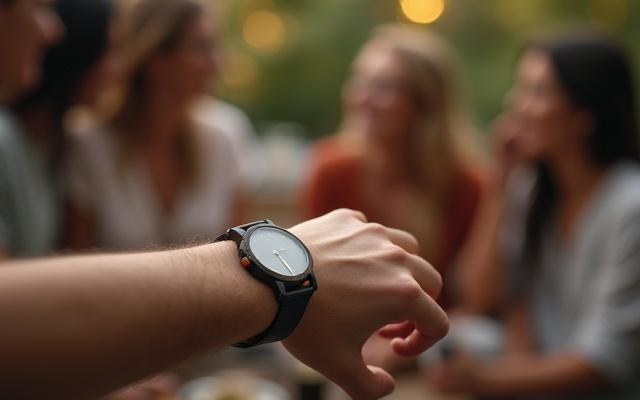 A group of friends laughing, one individual's wrist with a Germaine J Thomas minimalist wood watch visible in a casual social setting.