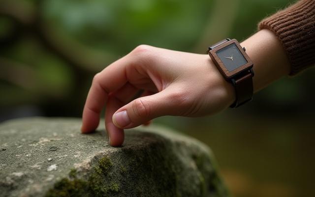 Hand wearing a Germaine J Thomas minimalist wood watch reaching towards a natural element like a tree branch or smooth river stone, in an outdoor setting.