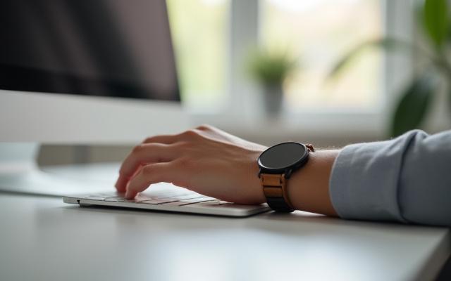 A Germaine J Thomas minimalist wood watch subtly visible on a wrist while typing on a laptop in a modern, uncluttered office space.