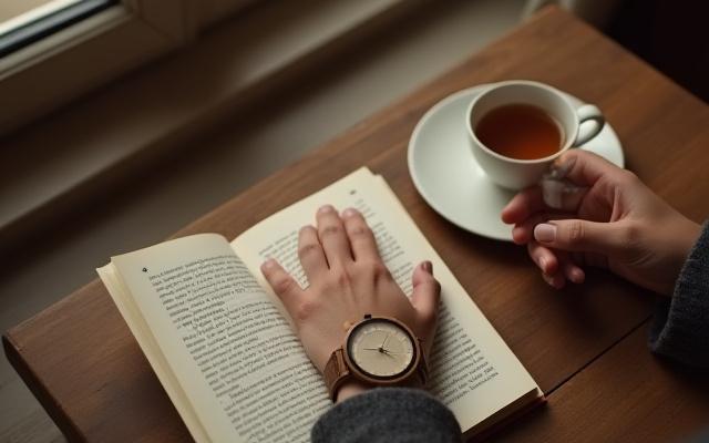 A Germaine J Thomas minimalist wood watch on a wrist resting next to an open book and a warm cup, suggesting quiet reflection.