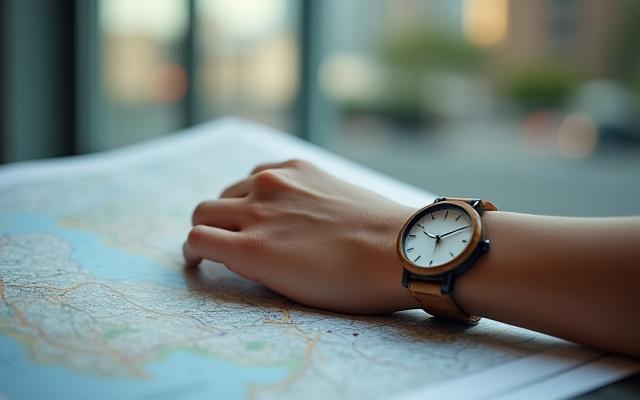 Close-up of a wrist wearing a Germaine J Thomas minimalist wood watch, hand resting on a map or guide, with a blurred cityscape in the background.
