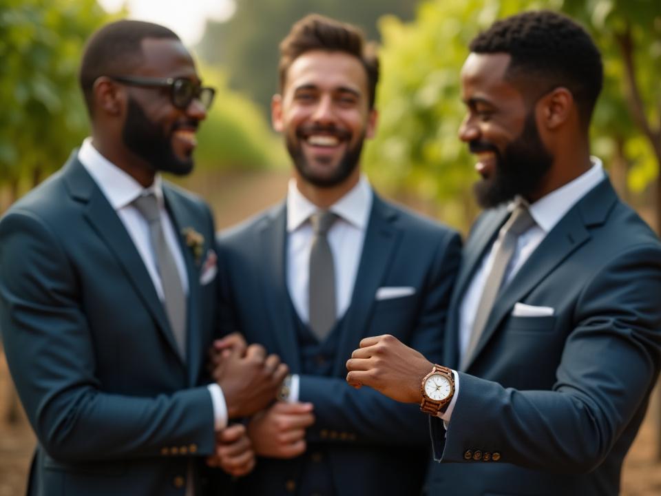 Stylish groomsmen showing off their matching Germaine J Thomas wooden watches.