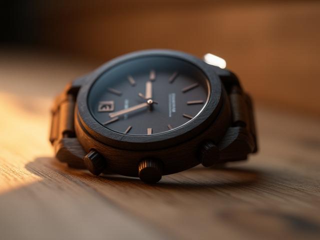 Close-up of a sleek ebony wood watch on a textured surface.