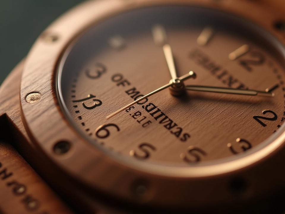 Close-up of a wooden watch back, beautifully engraved with 'Forever & Always' and a date.