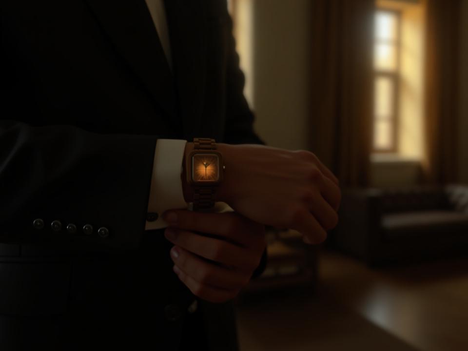 Groom adjusting his minimalist wooden watch on his wedding day.
