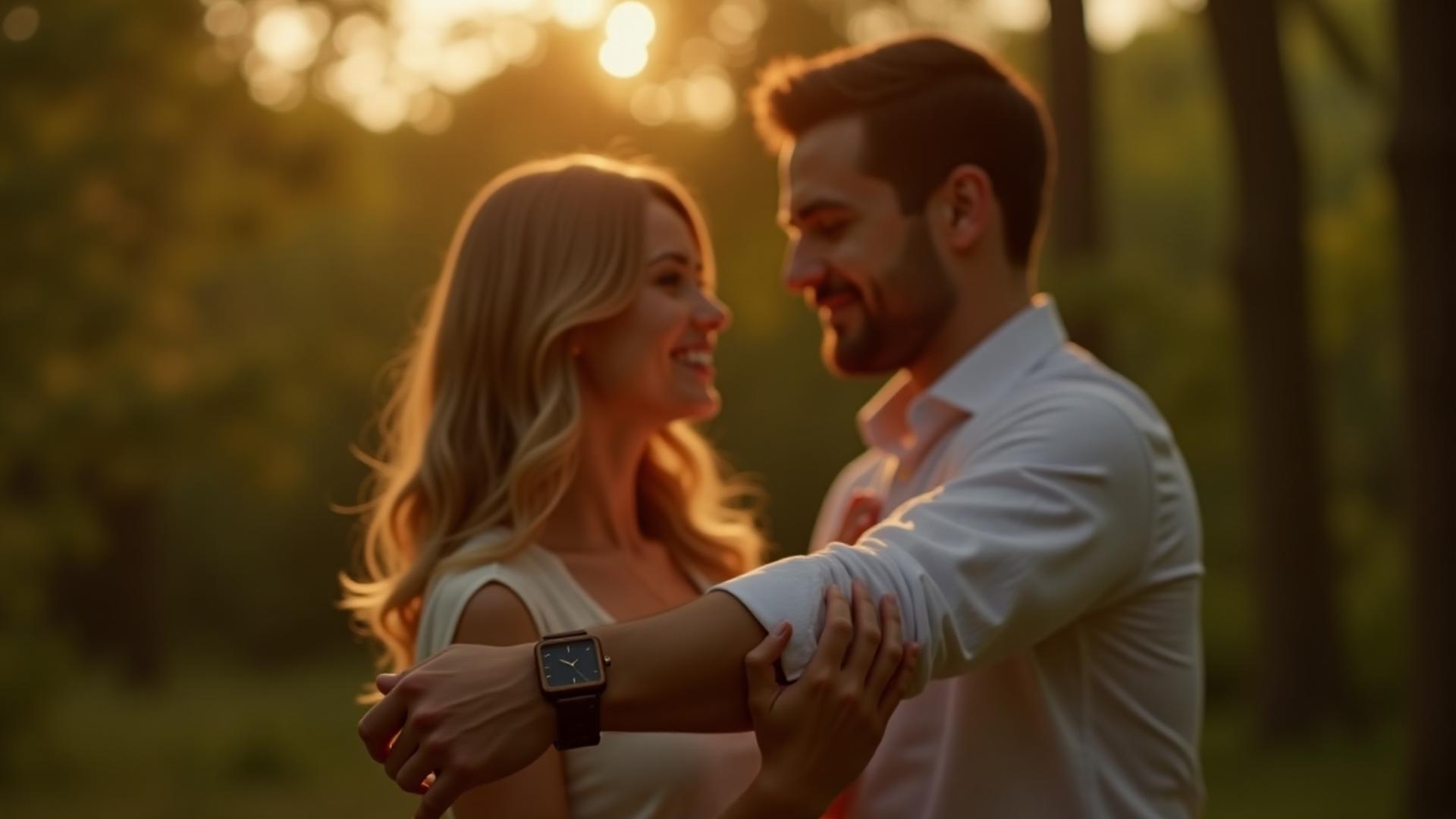 Elegant couple embracing, a Germaine J Thomas wooden watch visible on one wrist. Soft focus, romantic mood for wedding and anniversary gifts.