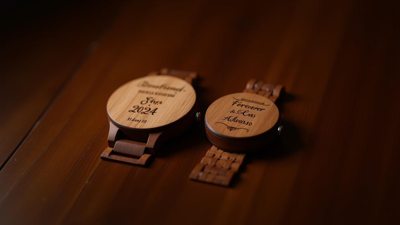 Custom engraved matching wooden watches for him and her.