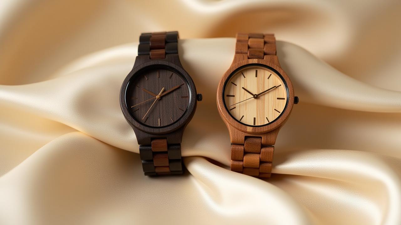 Matching pair of ebony and bamboo wooden watches.