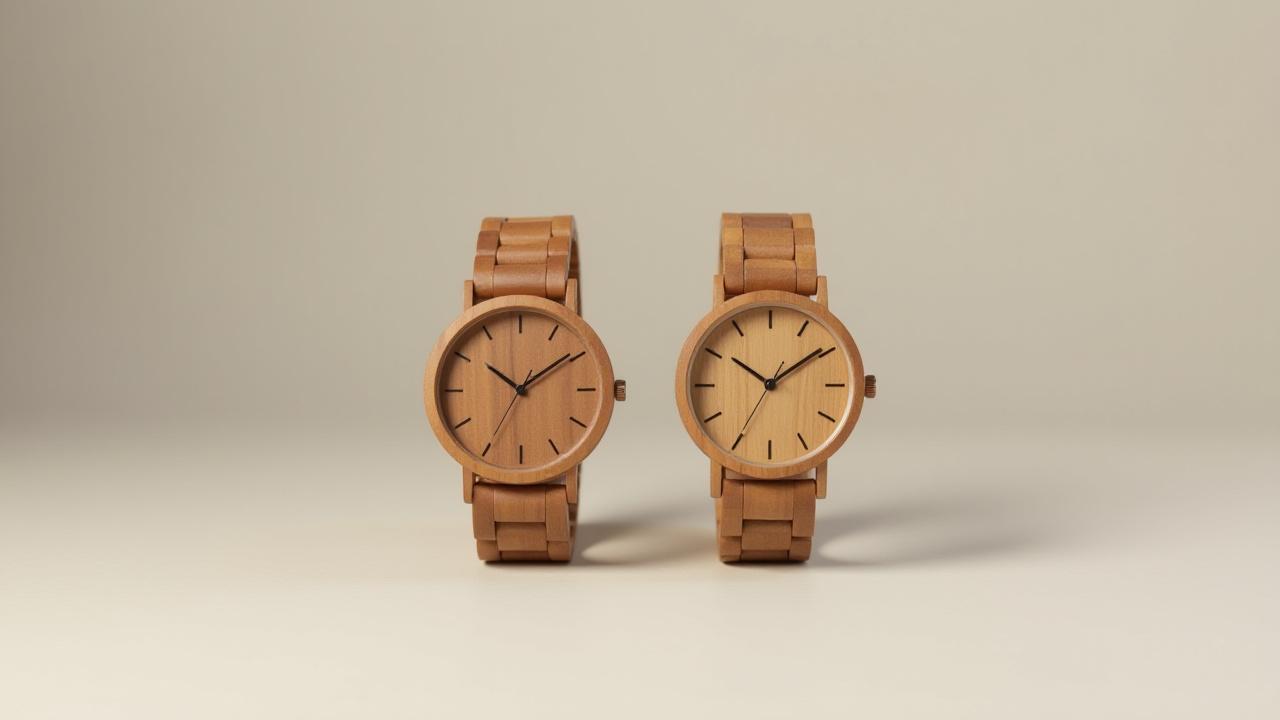 Matching pair of minimalist sandalwood watches.